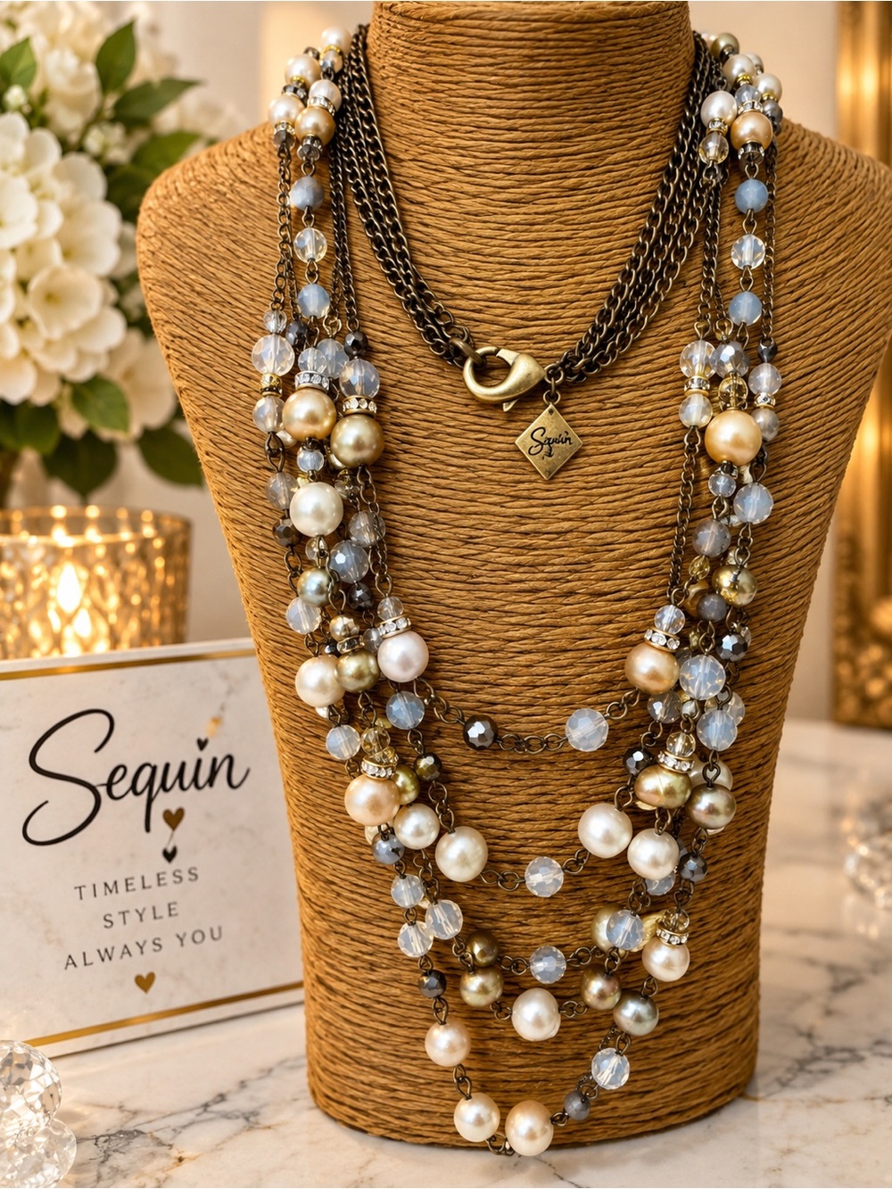 Multi-Strand Pearl & Crystal Necklace - Gold, White, Blue